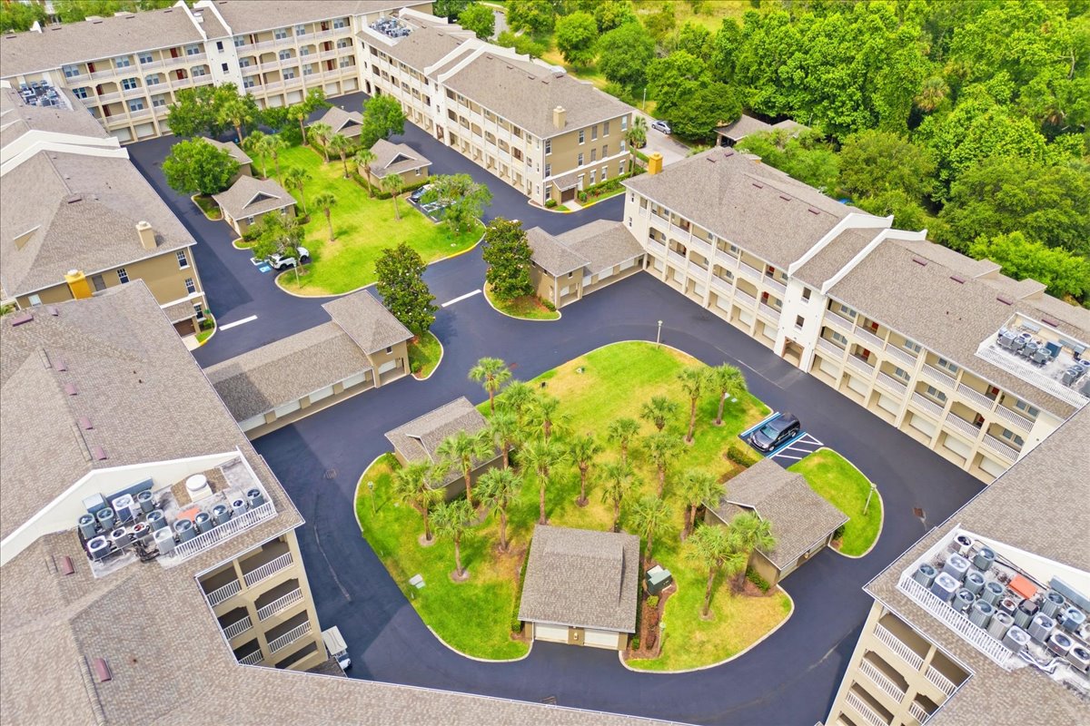 Aerial view of the interior landscaped courtyard and palm islands