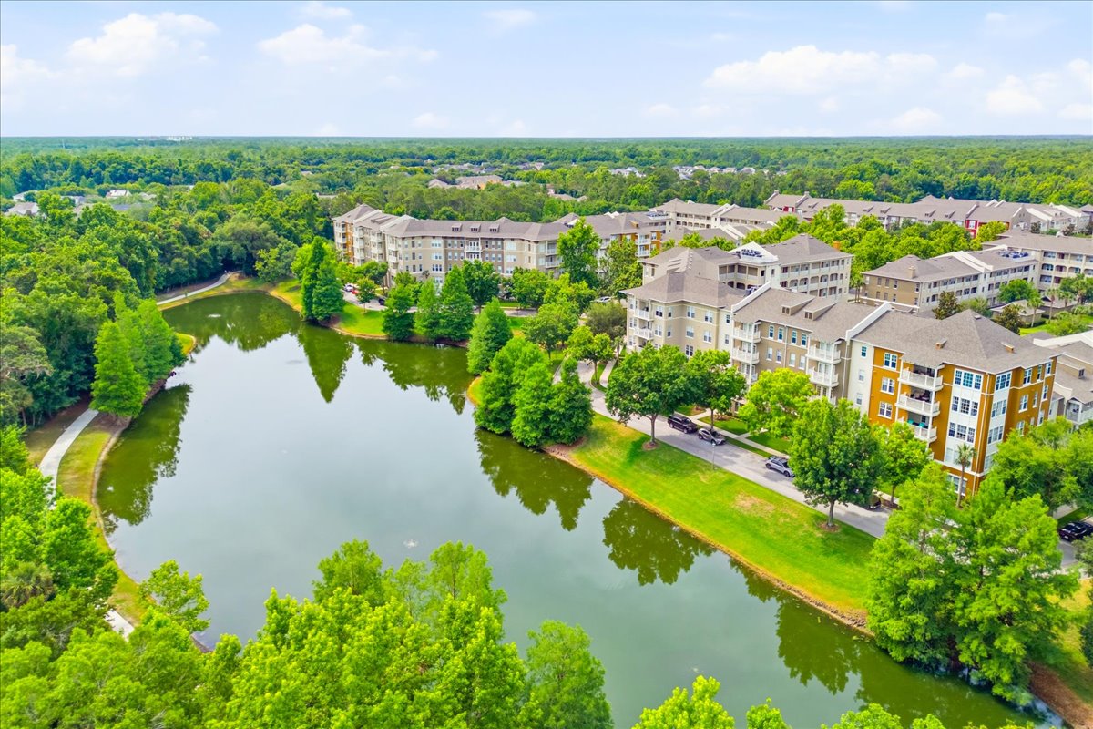 Aerial view of the community with the larger lake and mature canopy