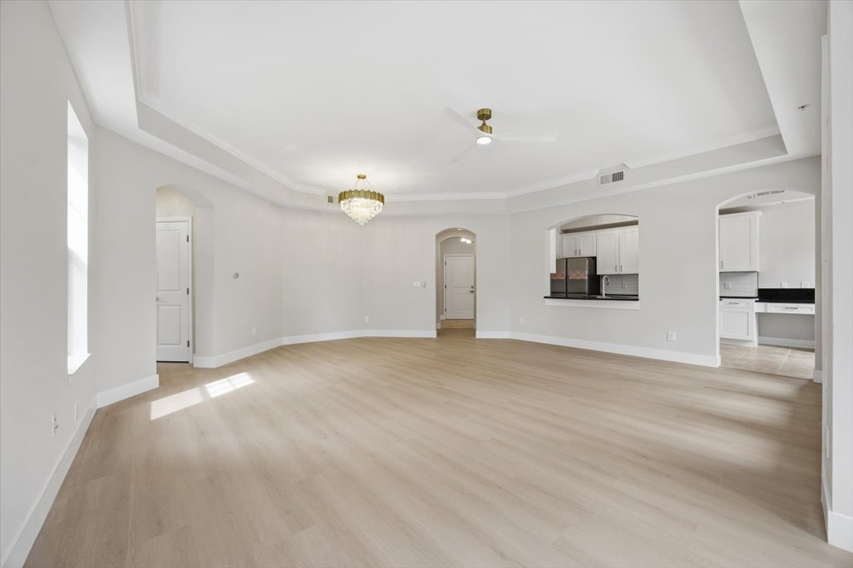 Open great room with tray ceiling and wide-plank flooring